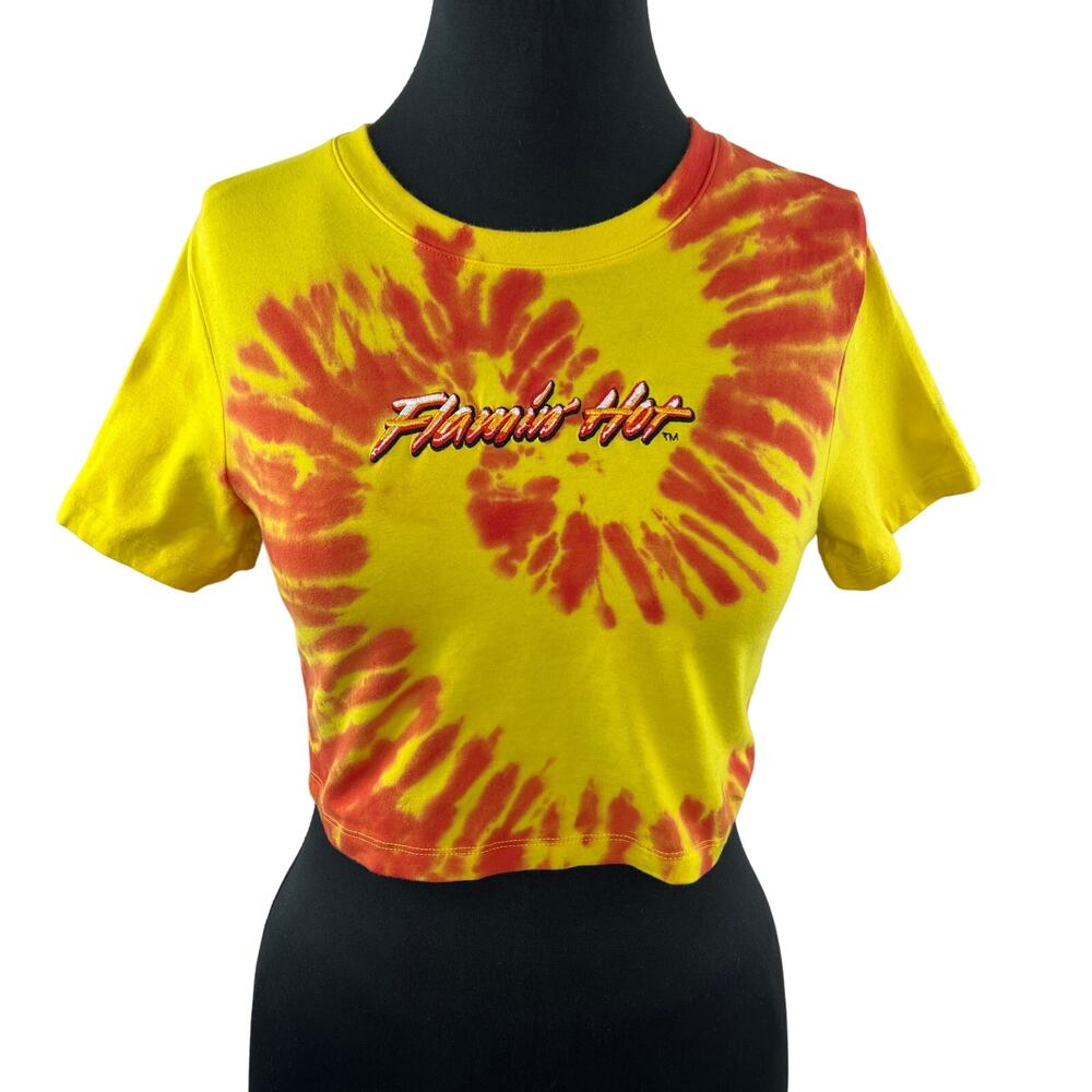 FOREVER 21 Cheetos Flamin' Hot Yellow Orange Tie-Dye Cropped Tee Shirt Top L
